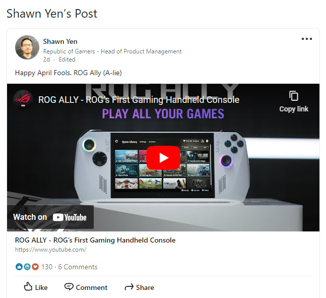 The ASUS ROG ALLY is real, even though it acted like a joke. The ASUS ROG ALLY is real, even though it acted like a joke.