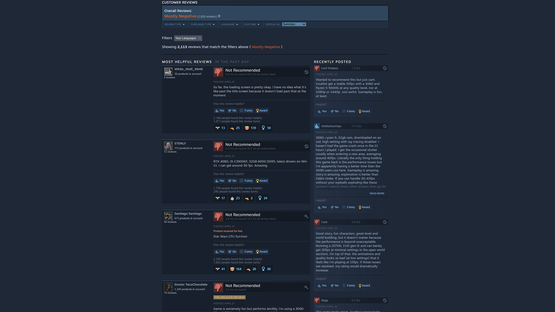 Star Wars Jedi: Survivor Steam user reviews