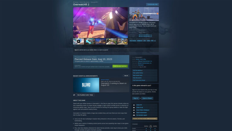 Overwatch 2 will be available on Steam starting August 10