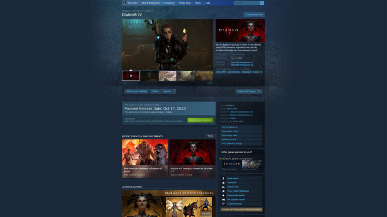 Diablo IV will be available on Steam starting October 17, 2023