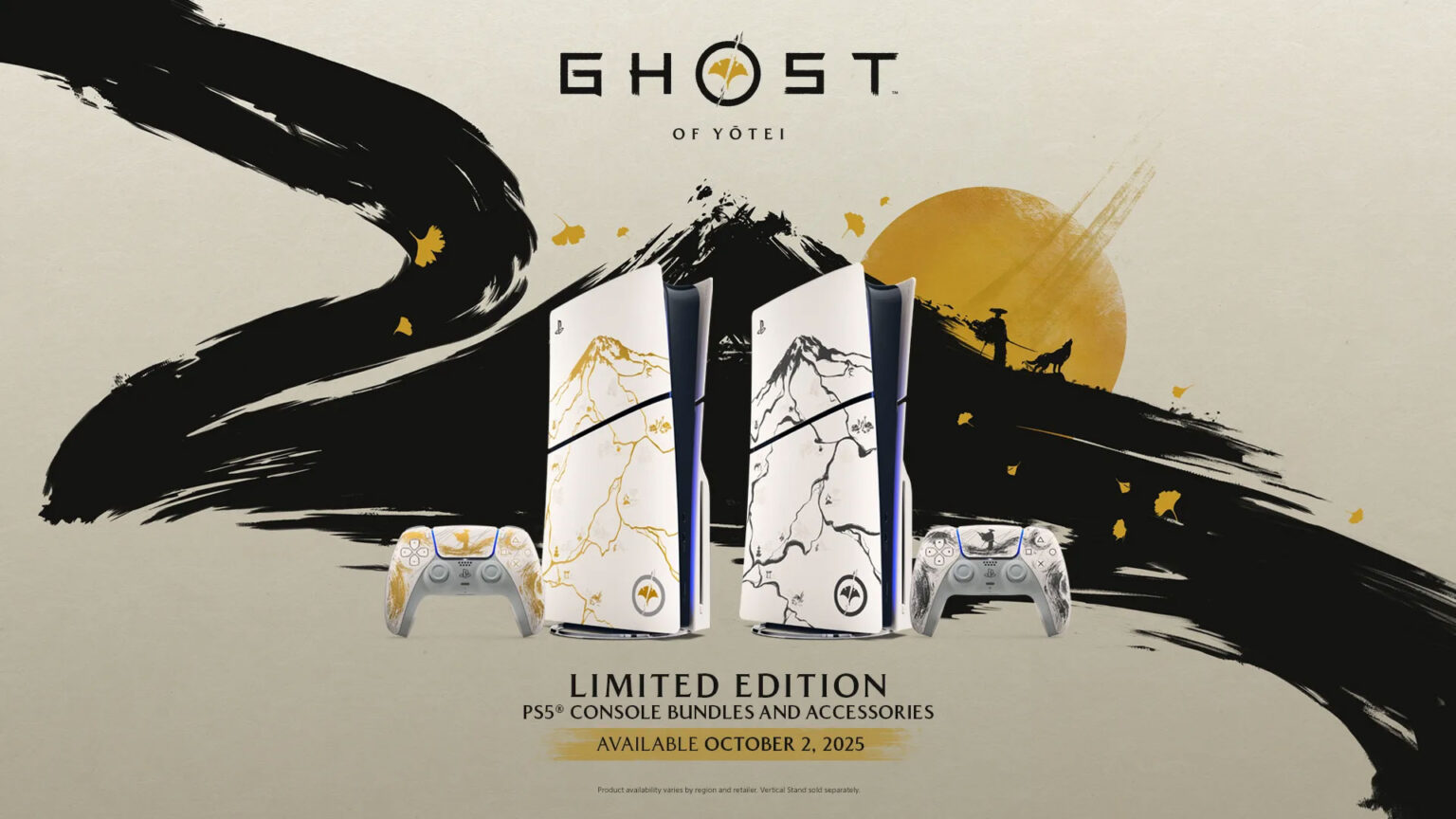 The Ghost of Yōtei Limited Edition console bundle and DualSense wireless controller will be available in gold and black | Image: Sony