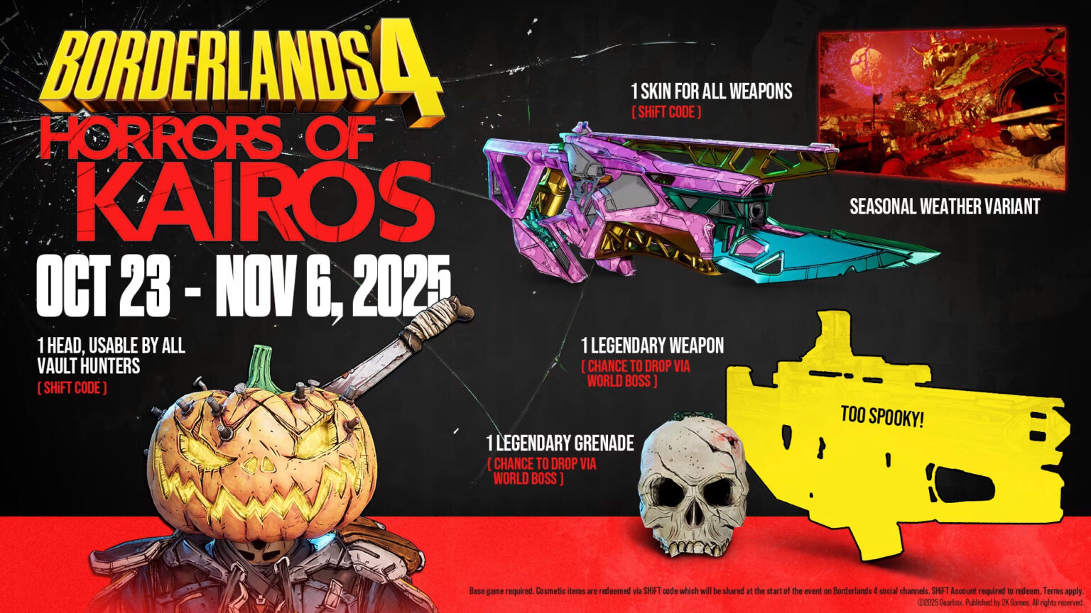 The free Horrors of Kairos seasonal event runs from October 23 to November 6 | Image: Gearbox Software The free Horrors of Kairos seasonal event runs from October 23 to November 6 | Image: Gearbox Software