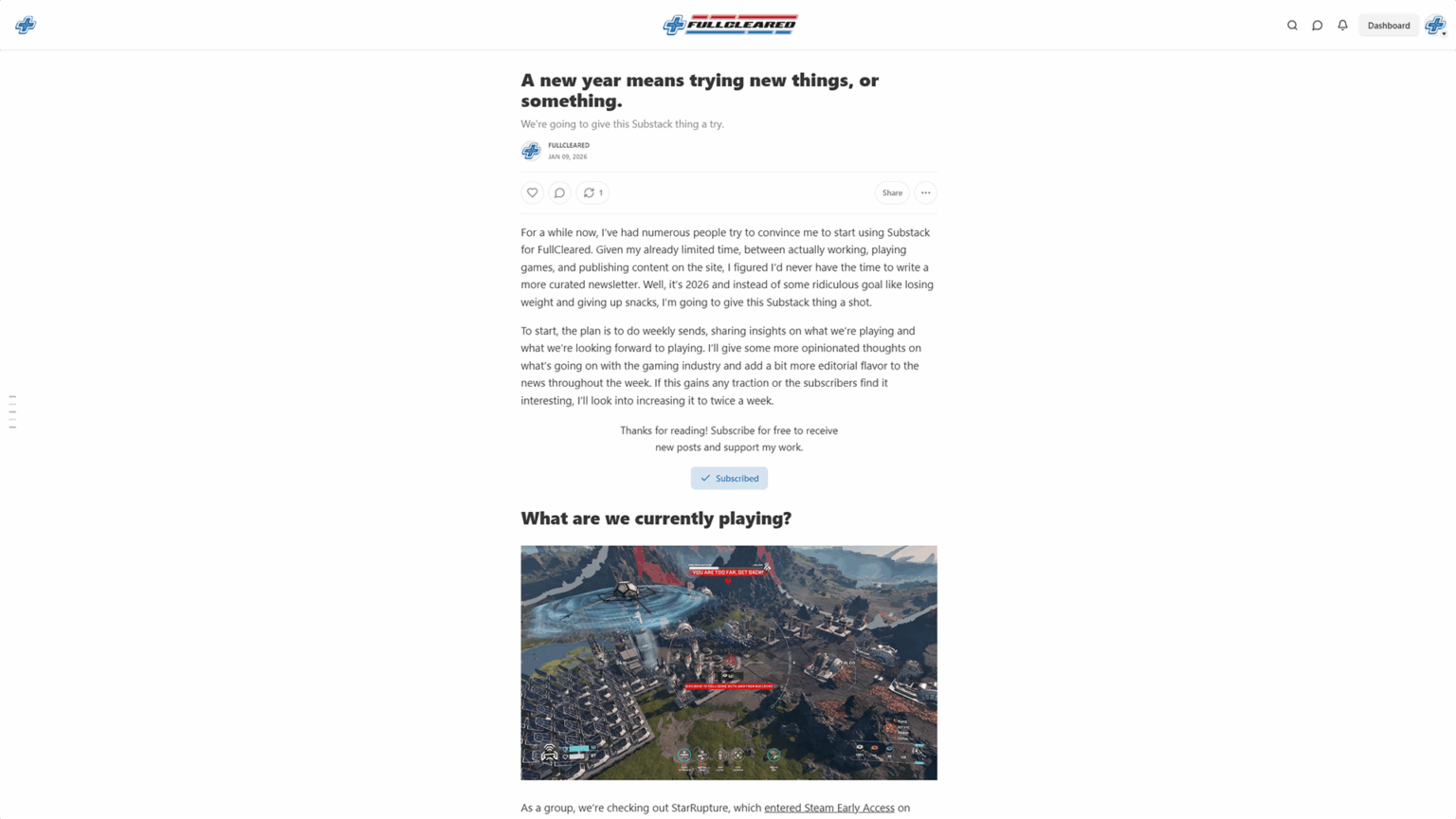 More content in a different form, straight to your inbox | Image: Substack / FullCleared