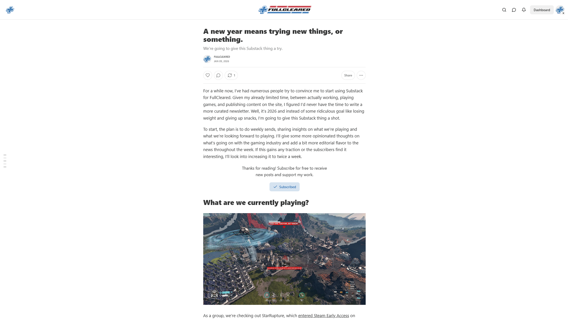 More content in a different form, straight to your inbox | Image: Substack / FullCleared