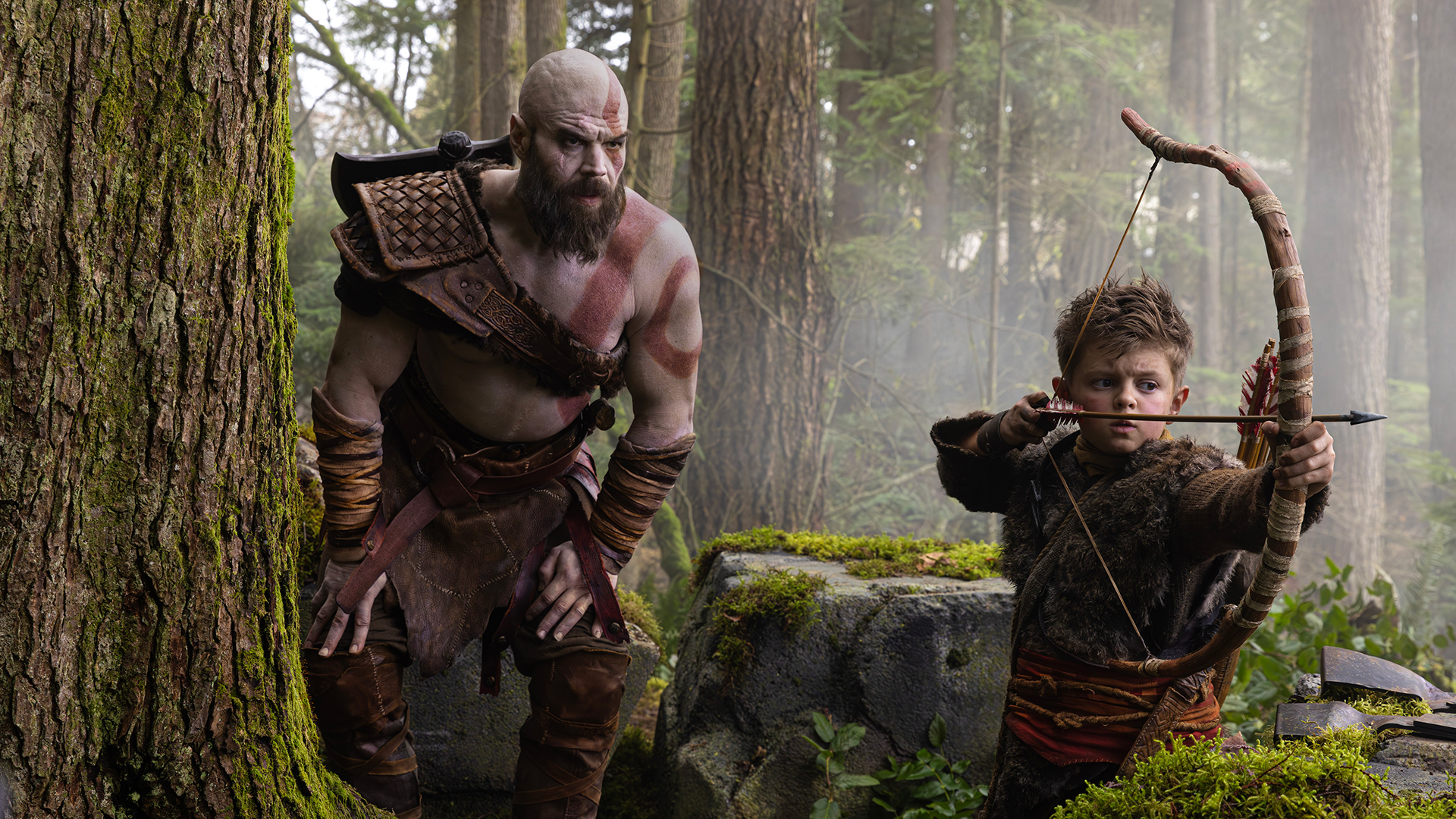 Stars Ryan Hurst and Callum Vinson play Kratos and Atreus, respectively | Image: Leah Gallo for Prime Video