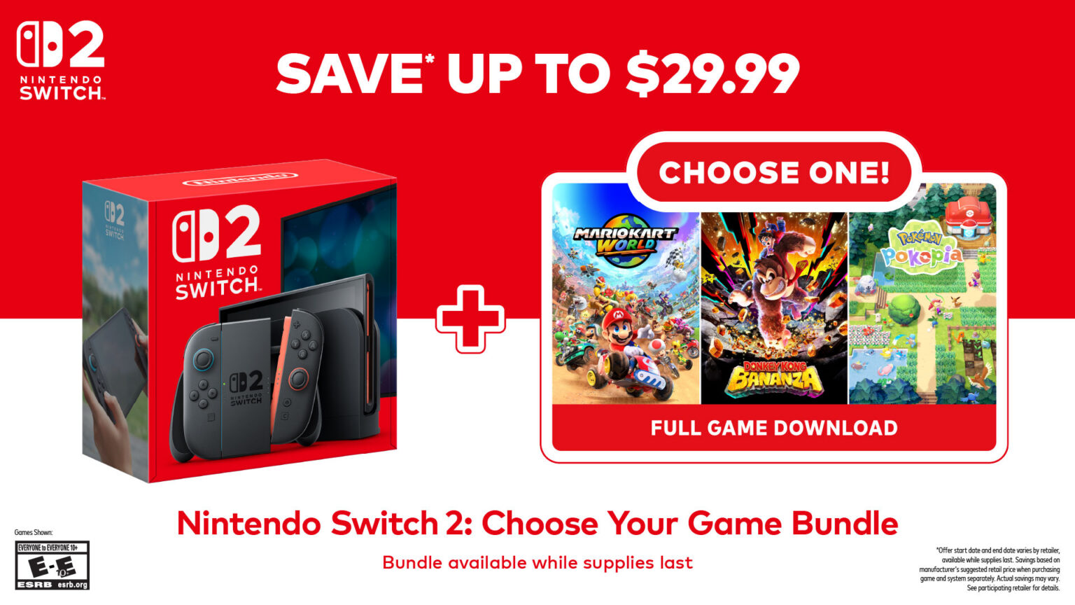The Switch 2 Choose Your Game Bundle includes a digital code redeemable for Mario Kart World, Donkey Kong Bananza, or Pokémon Pokopia | Image: Nintendo