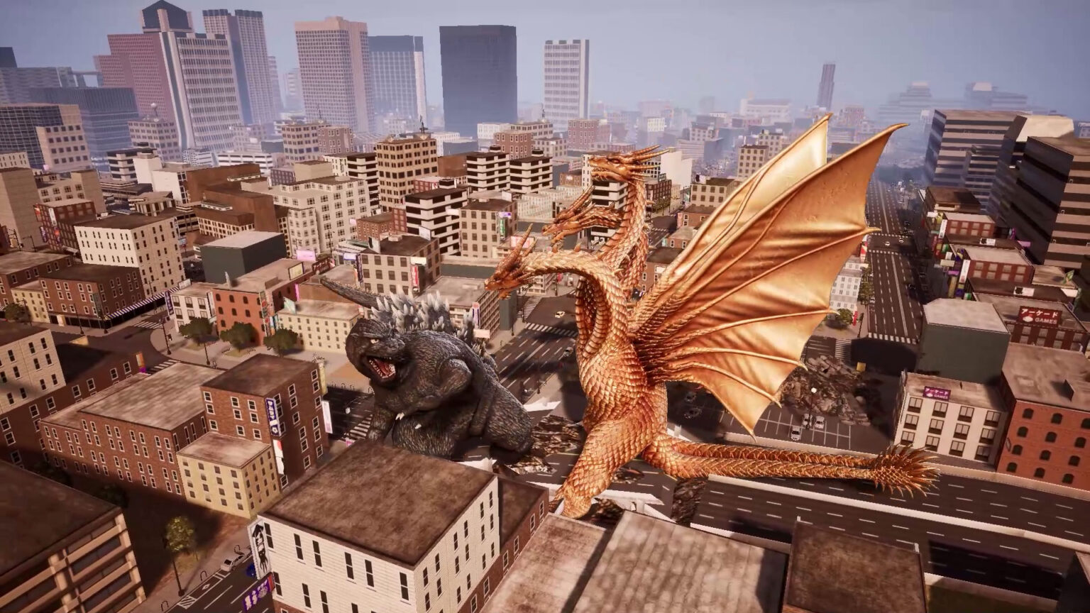 Twelve kaiju brawl across destructible cities where you can pick up and throw buildings | Image: Pipeworks