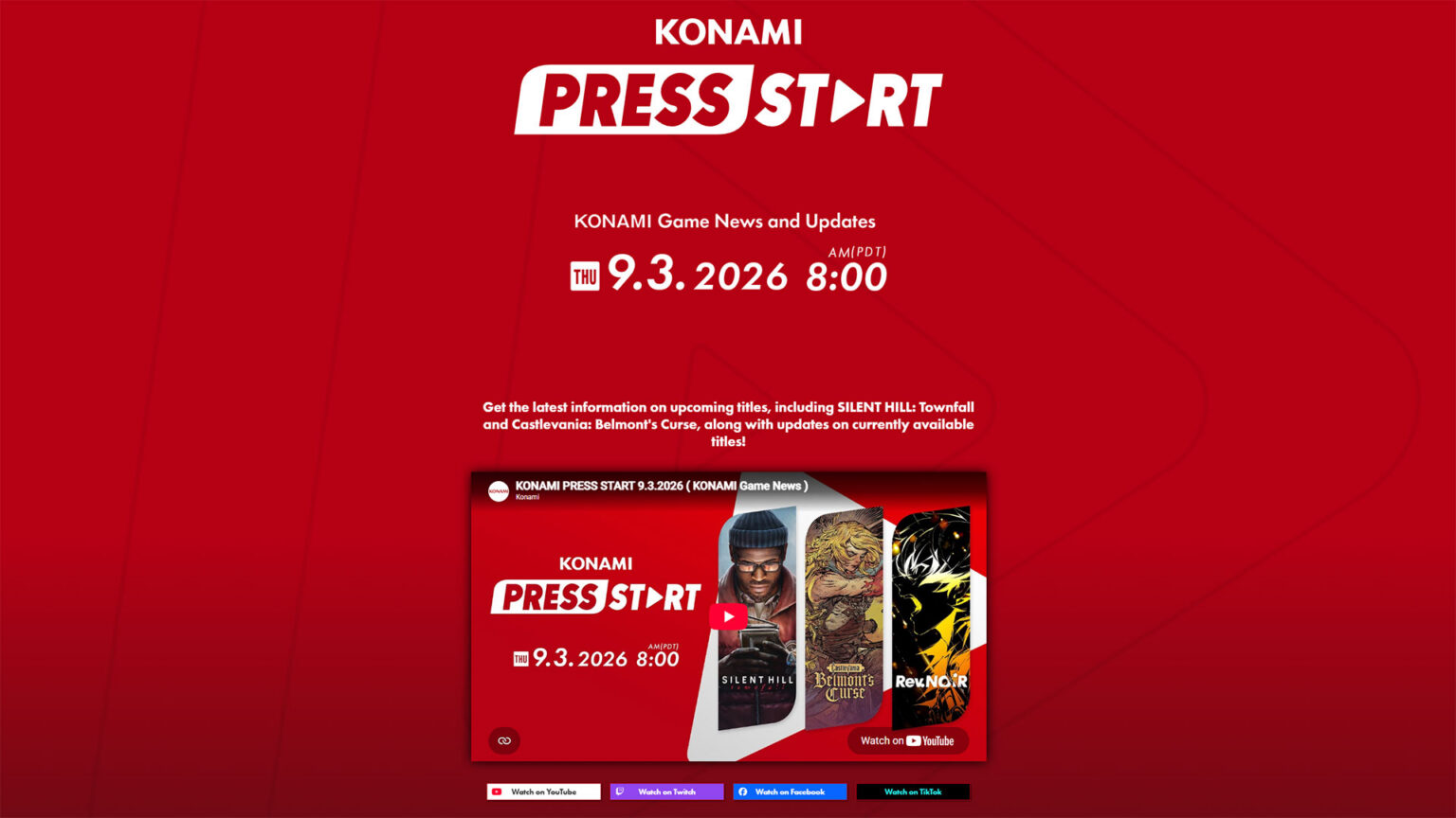 Konami Press Start brings a 30-minute showcase on September 3 | Image: Konami